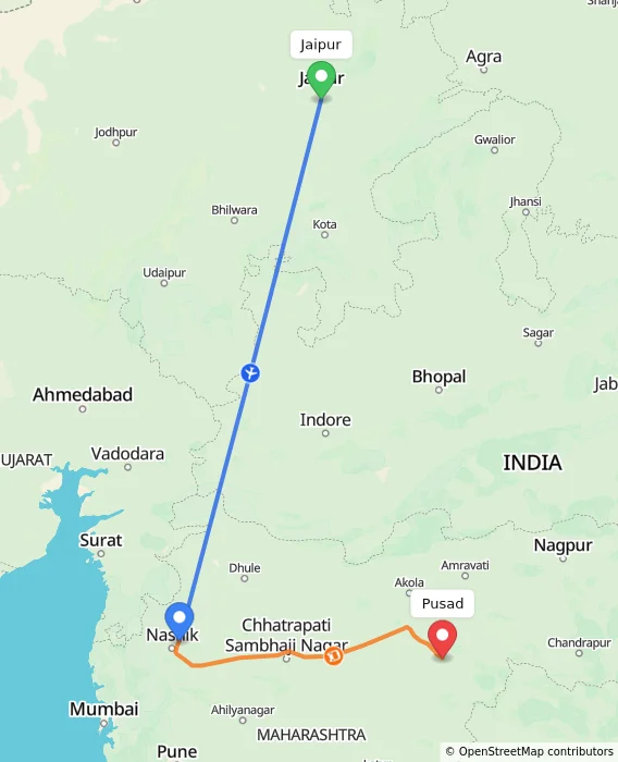 Route map showing distance and travel time from Jaipur, India to Pusad, India
