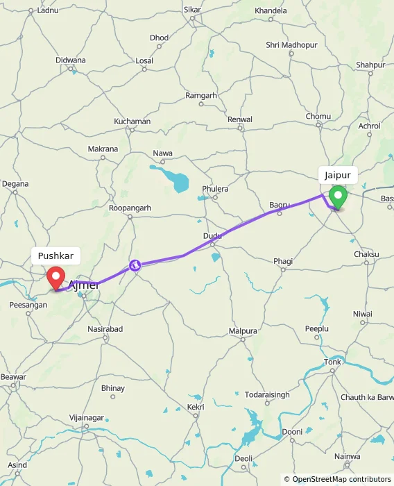 Route map showing distance and travel time from Jaipur, India to Pushkar, India