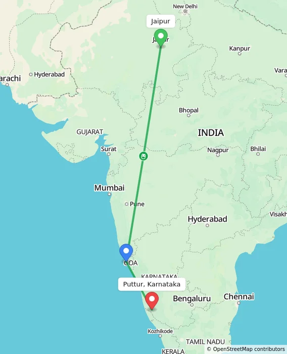 Route map showing distance and travel time from Jaipur, India to Puttur, Karnataka, India