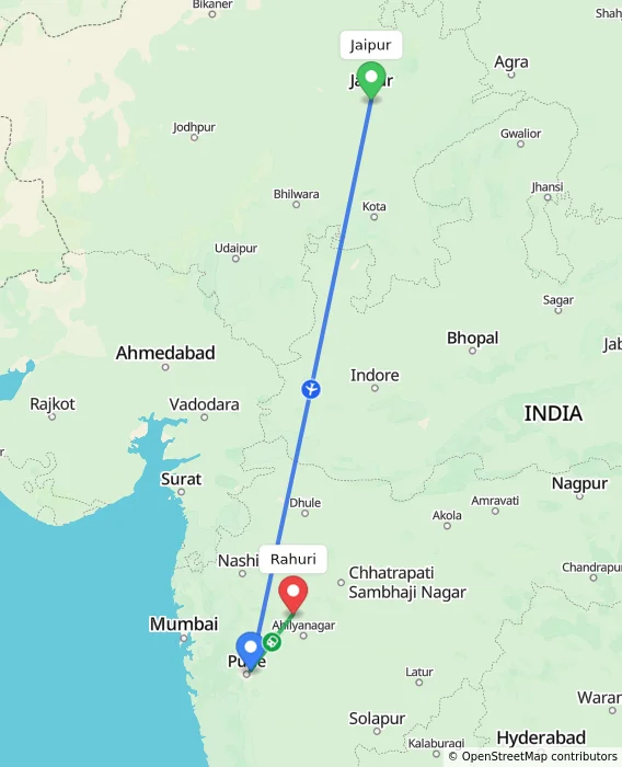 Route map showing distance and travel time from Jaipur, India to Rahuri, India