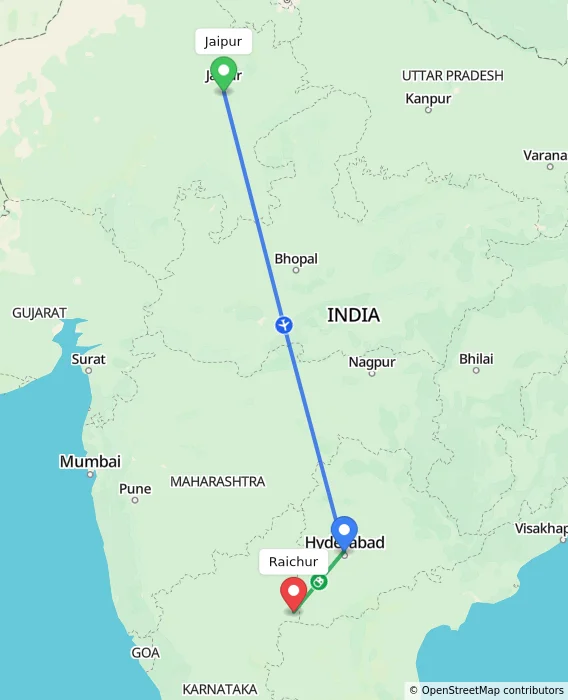 Route map showing distance and travel time from Jaipur, India to Raichur, India