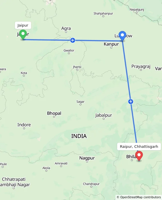 Route map showing distance and travel time from Jaipur, India to Raipur, Chhattisgarh, India