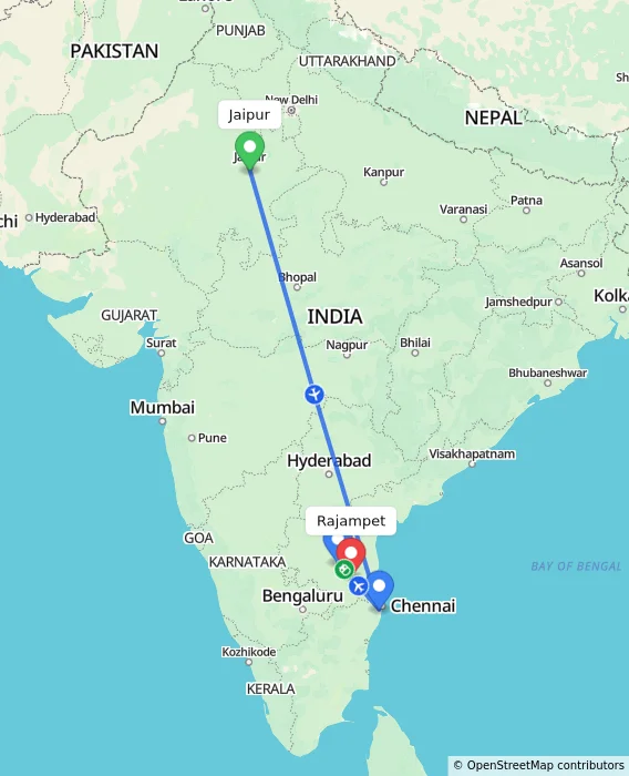 Route map showing distance and travel time from Jaipur, India to Rajampet, India