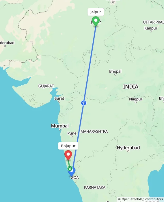 Route map showing distance and travel time from Jaipur, India to Rajapur, India