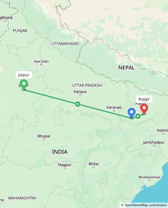 Route map showing distance and travel time from Jaipur, India to Rajgir, India