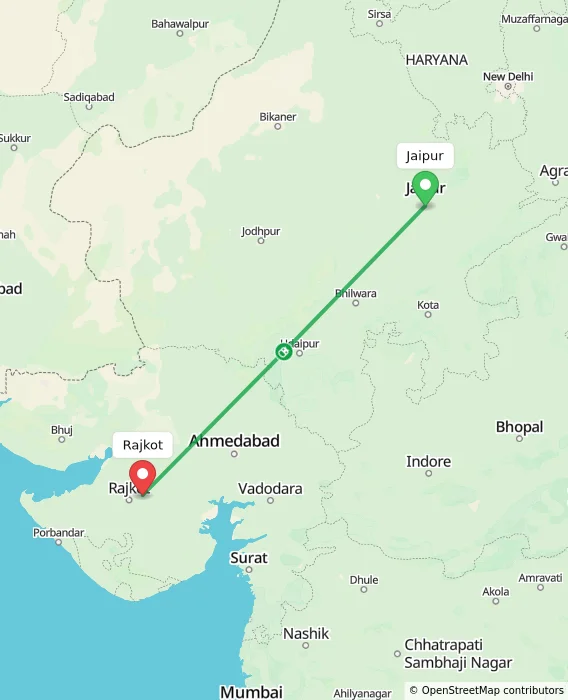 Route map showing distance and travel time from Jaipur, India to Rajkot, India