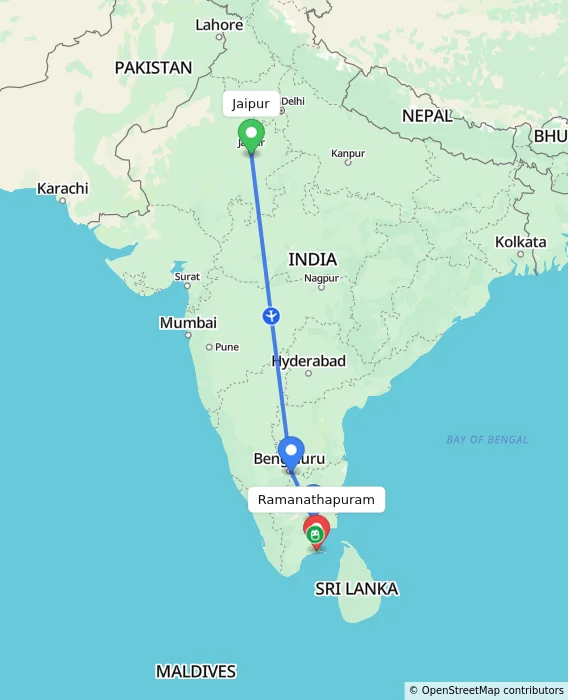 Route map showing distance and travel time from Jaipur, India to Ramanathapuram, India
