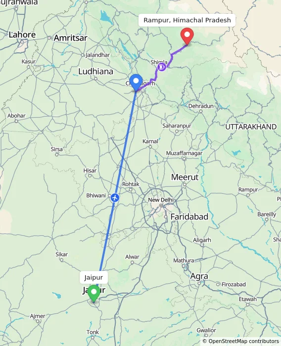 Route map showing distance and travel time from Jaipur, India to Rampur, Himachal Pradesh, India