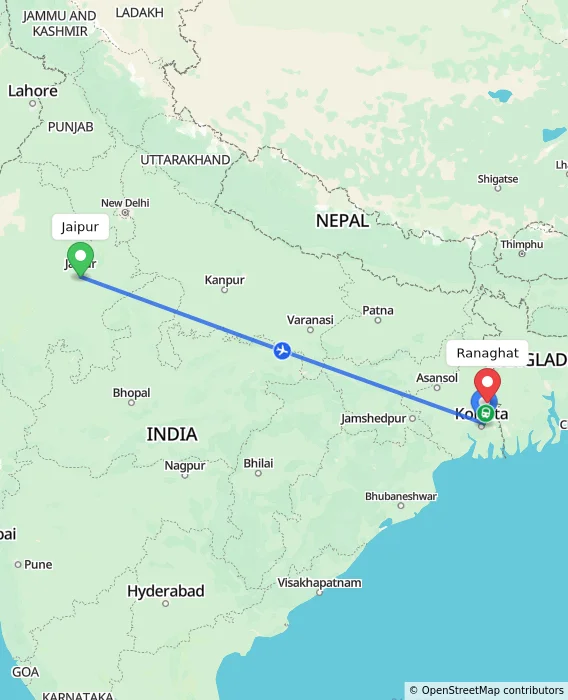 Route map showing distance and travel time from Jaipur, India to Ranaghat, India
