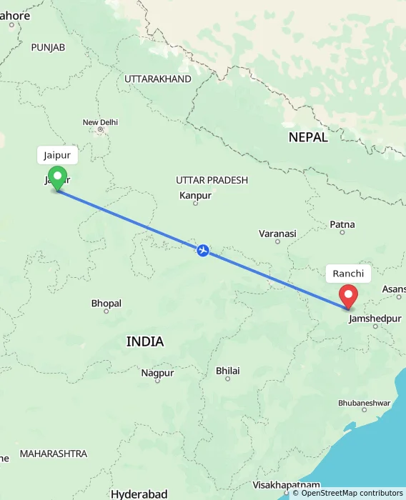 Route map showing distance and travel time from Jaipur, India to Ranchi, India
