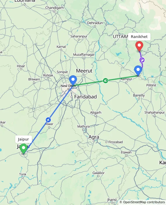 Route map showing distance and travel time from Jaipur, India to Ranikhet, India