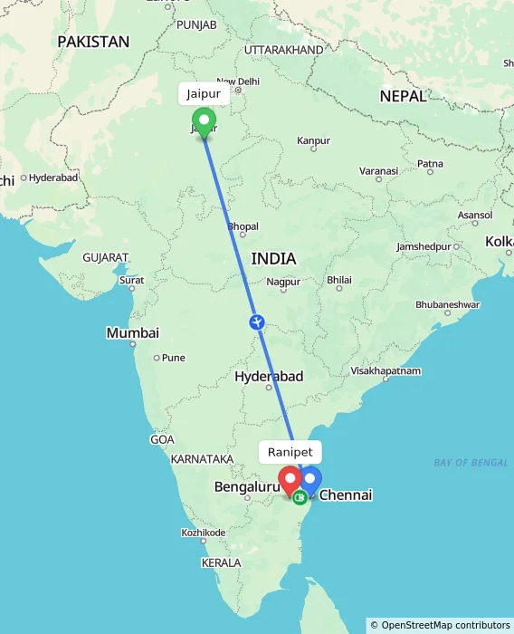 Route map showing distance and travel time from Jaipur, India to Ranipet, India