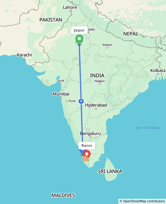 Route map showing distance and travel time from Jaipur, India to Ranni, India