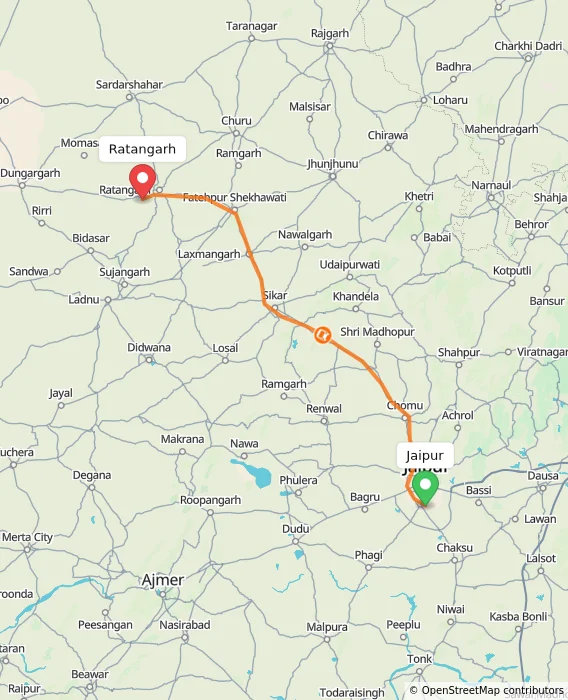 Route map showing distance and travel time from Jaipur, India to Ratangarh, India