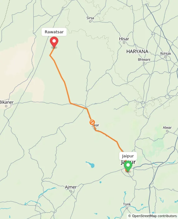 Route map showing distance and travel time from Jaipur, India to Rawatsar, India