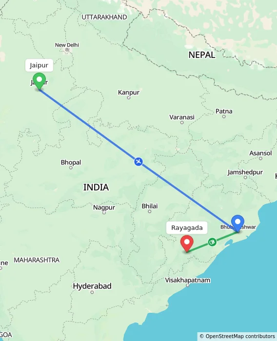 Route map showing distance and travel time from Jaipur, India to Rayagada, India