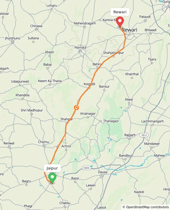 Route map showing distance and travel time from Jaipur, India to Rewari, India