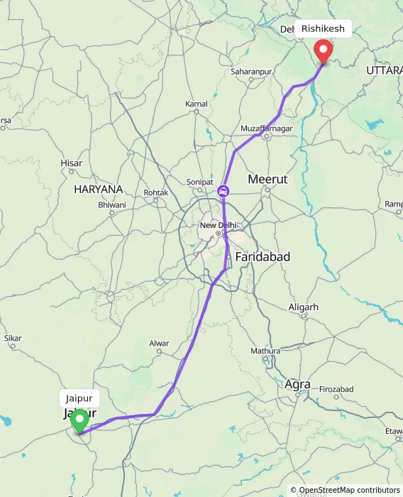 Route map showing distance and travel time from Jaipur, India to Rishikesh, India