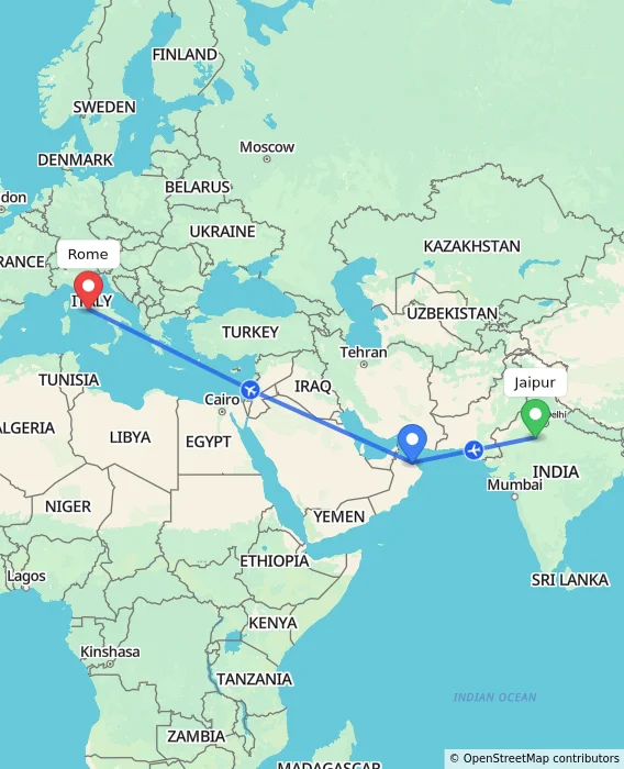 Route map showing distance and travel time from Jaipur, India to Rome, Italy