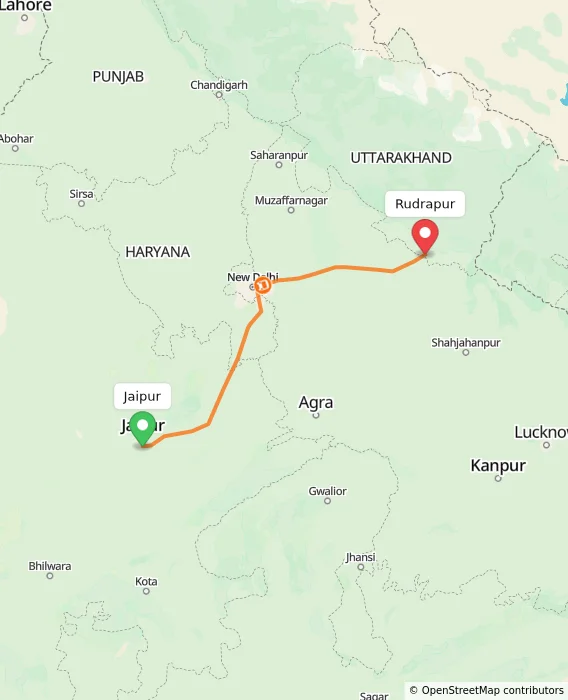 Route map showing distance and travel time from Jaipur, India to Rudrapur, India