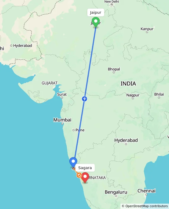 Route map showing distance and travel time from Jaipur, India to Sagara, India