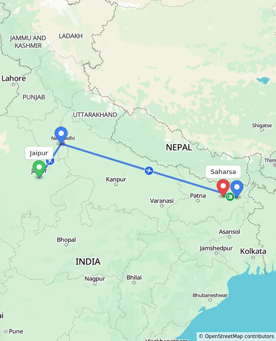 Route map showing distance and travel time from Jaipur, India to Saharsa, India