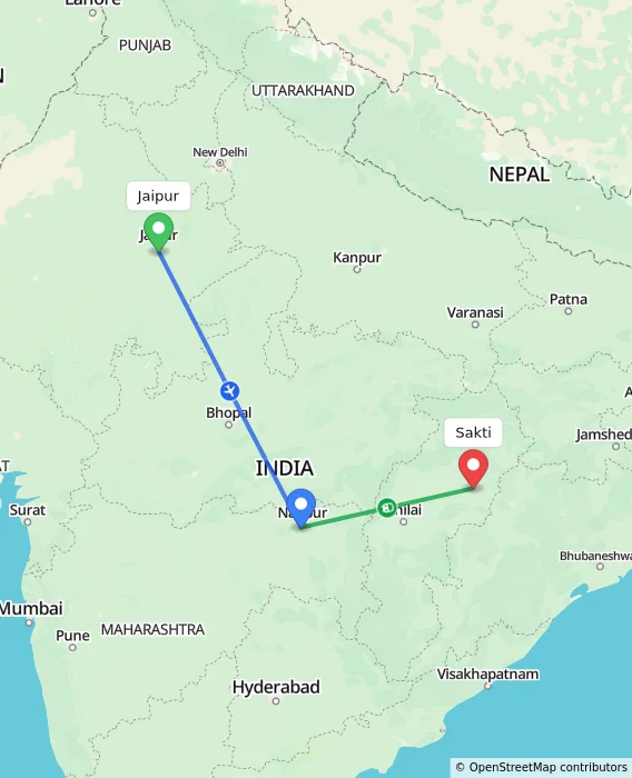 Route map showing distance and travel time from Jaipur, India to Sakti, India