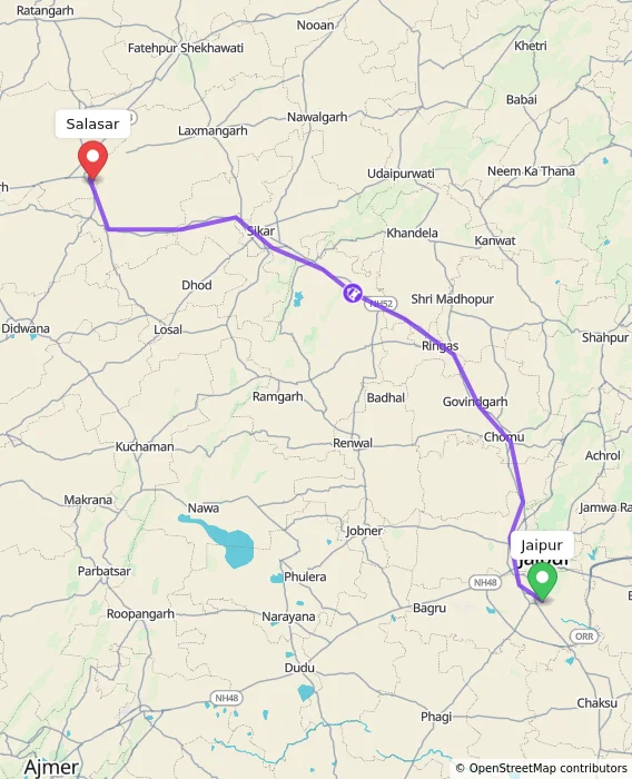 Route map showing distance and travel time from Jaipur, India to Salasar, India