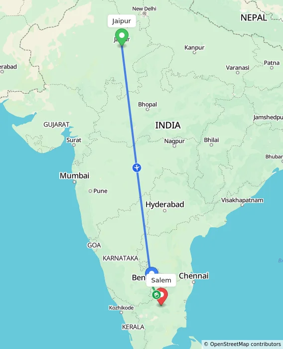 Route map showing distance and travel time from Jaipur, India to Salem, India