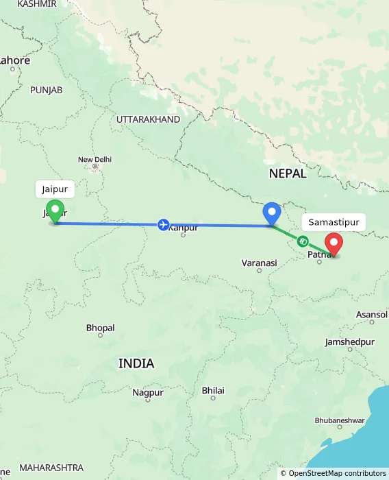 Route map showing distance and travel time from Jaipur, India to Samastipur, India