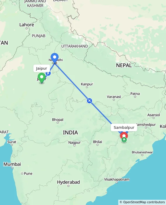 Route map showing distance and travel time from Jaipur, India to Sambalpur, India