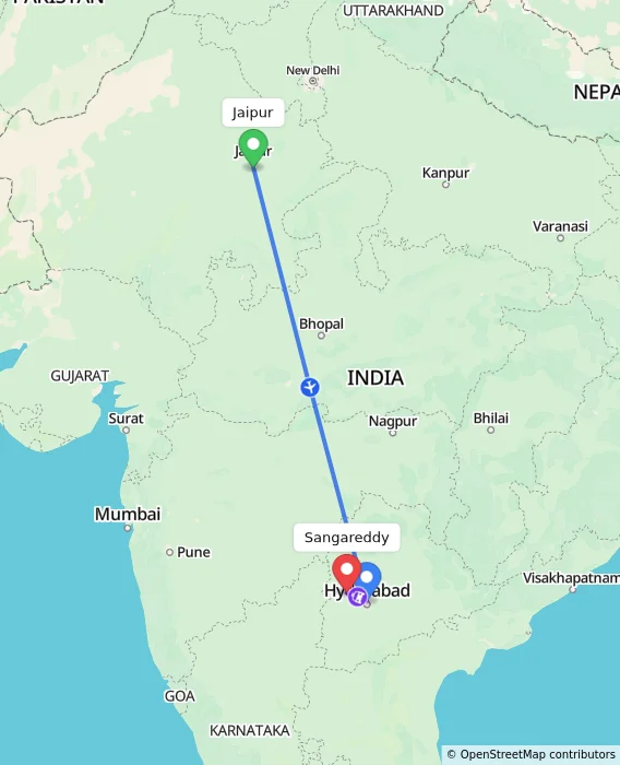 Route map showing distance and travel time from Jaipur, India to Sangareddy, India