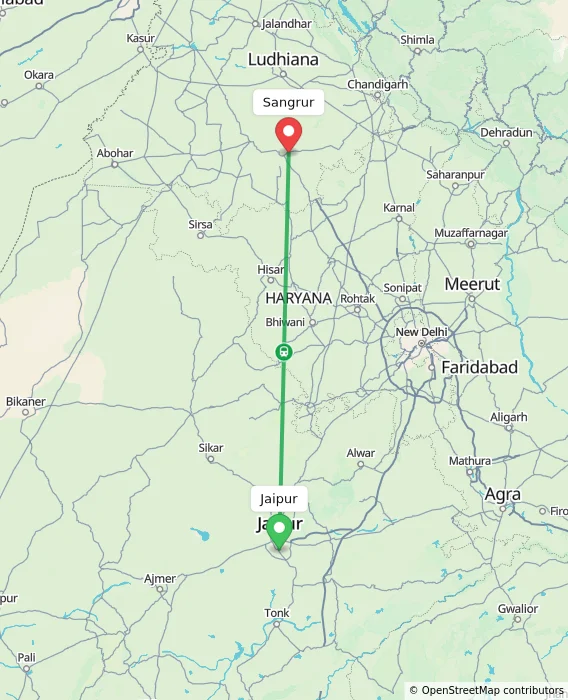 Route map showing distance and travel time from Jaipur, India to Sangrur, India
