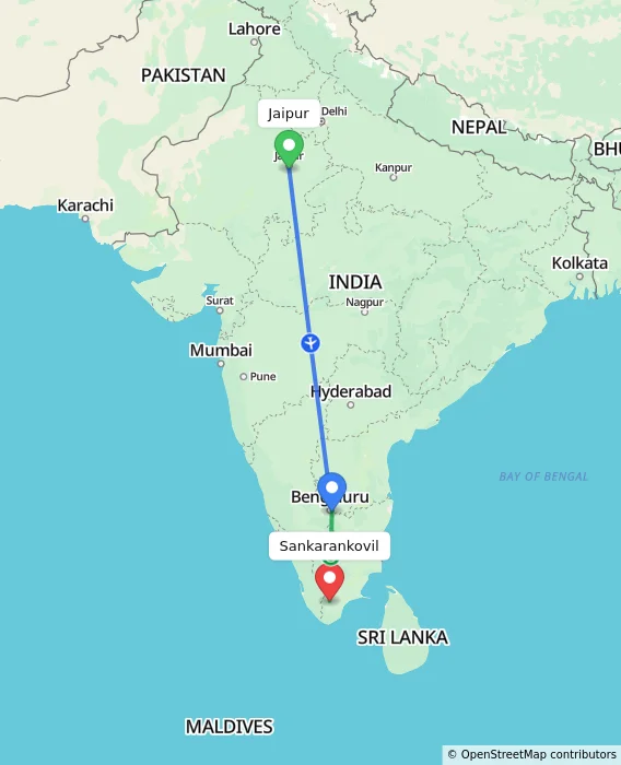 Route map showing distance and travel time from Jaipur, India to Sankarankovil, India