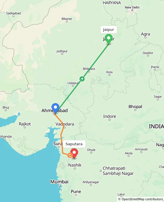 Route map showing distance and travel time from Jaipur, India to Saputara, India