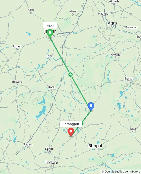 Route map showing distance and travel time from Jaipur, India to Sarangpur, India