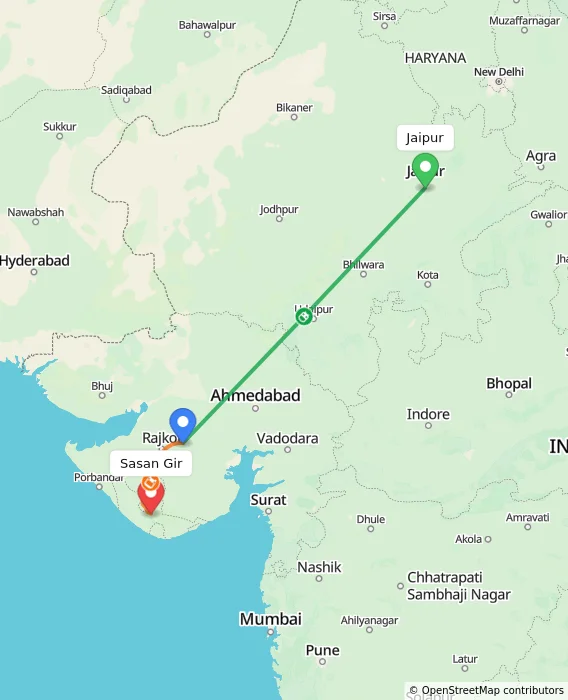 Route map showing distance and travel time from Jaipur, India to Sasan Gir, India