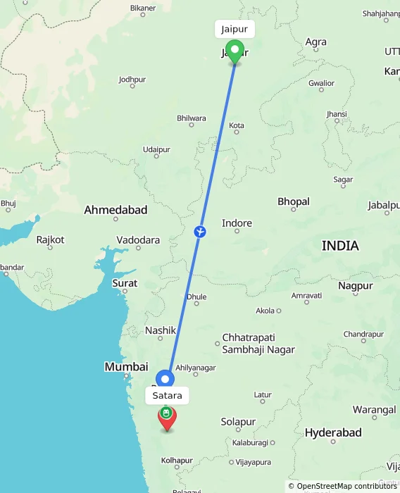 Route map showing distance and travel time from Jaipur, India to Satara, India