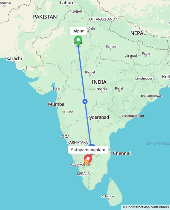 Route map showing distance and travel time from Jaipur, India to Sathyamangalam, India