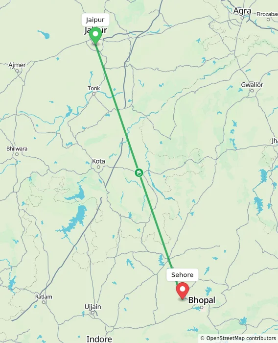 Route map showing distance and travel time from Jaipur, India to Sehore, India