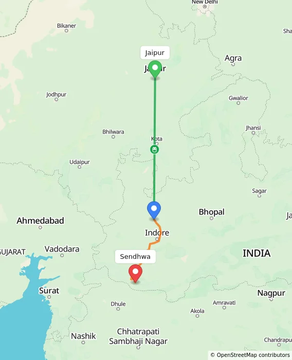 Route map showing distance and travel time from Jaipur, India to Sendhwa, India