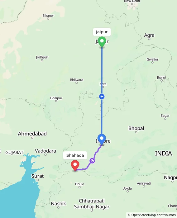 Route map showing distance and travel time from Jaipur, India to Shahada, India