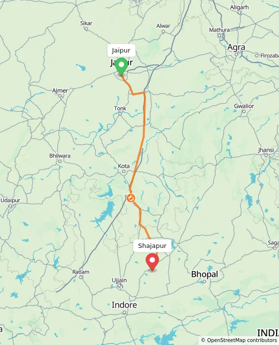 Route map showing distance and travel time from Jaipur, India to Shajapur, India