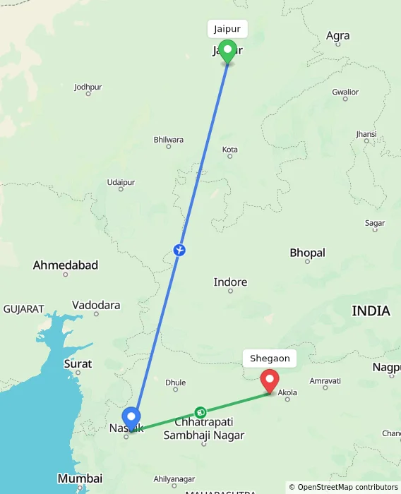 Route map showing distance and travel time from Jaipur, India to Shegaon, India