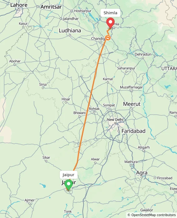 Route map showing distance and travel time from Jaipur, India to Shimla, India