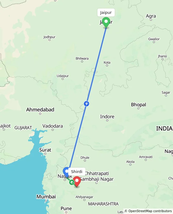 Route map showing distance and travel time from Jaipur, India to Shirdi, India