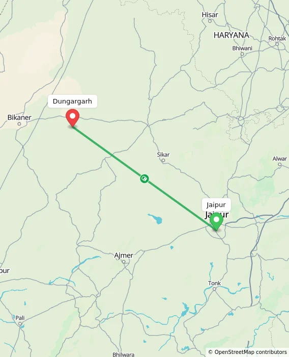 Route map showing distance and travel time from Jaipur, India to Dungargarh, India