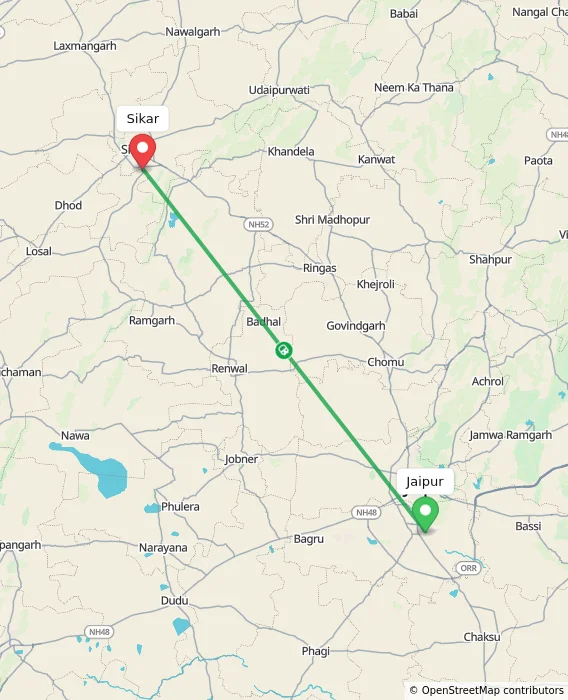 Route map showing distance and travel time from Jaipur, India to Sikar, India