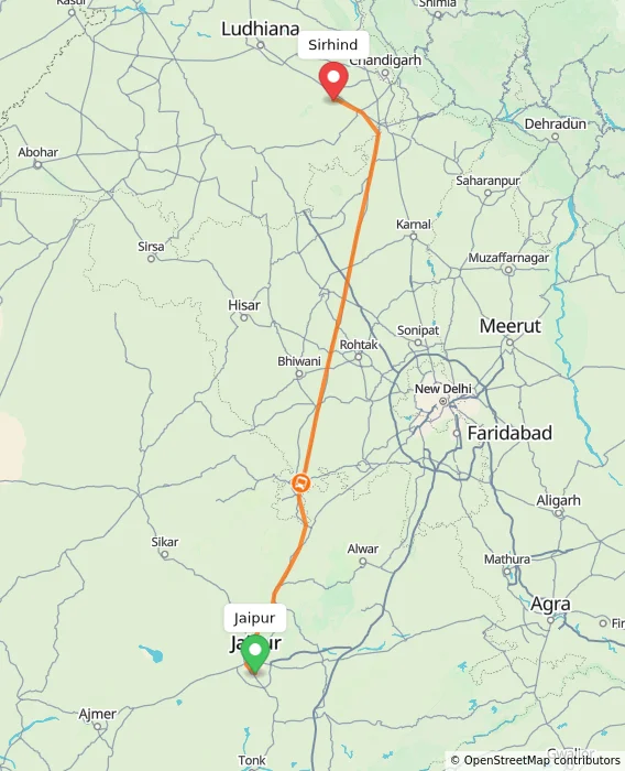 Route map showing distance and travel time from Jaipur, India to Sirhind, India