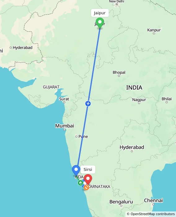 Route map showing distance and travel time from Jaipur, India to Sirsi, India